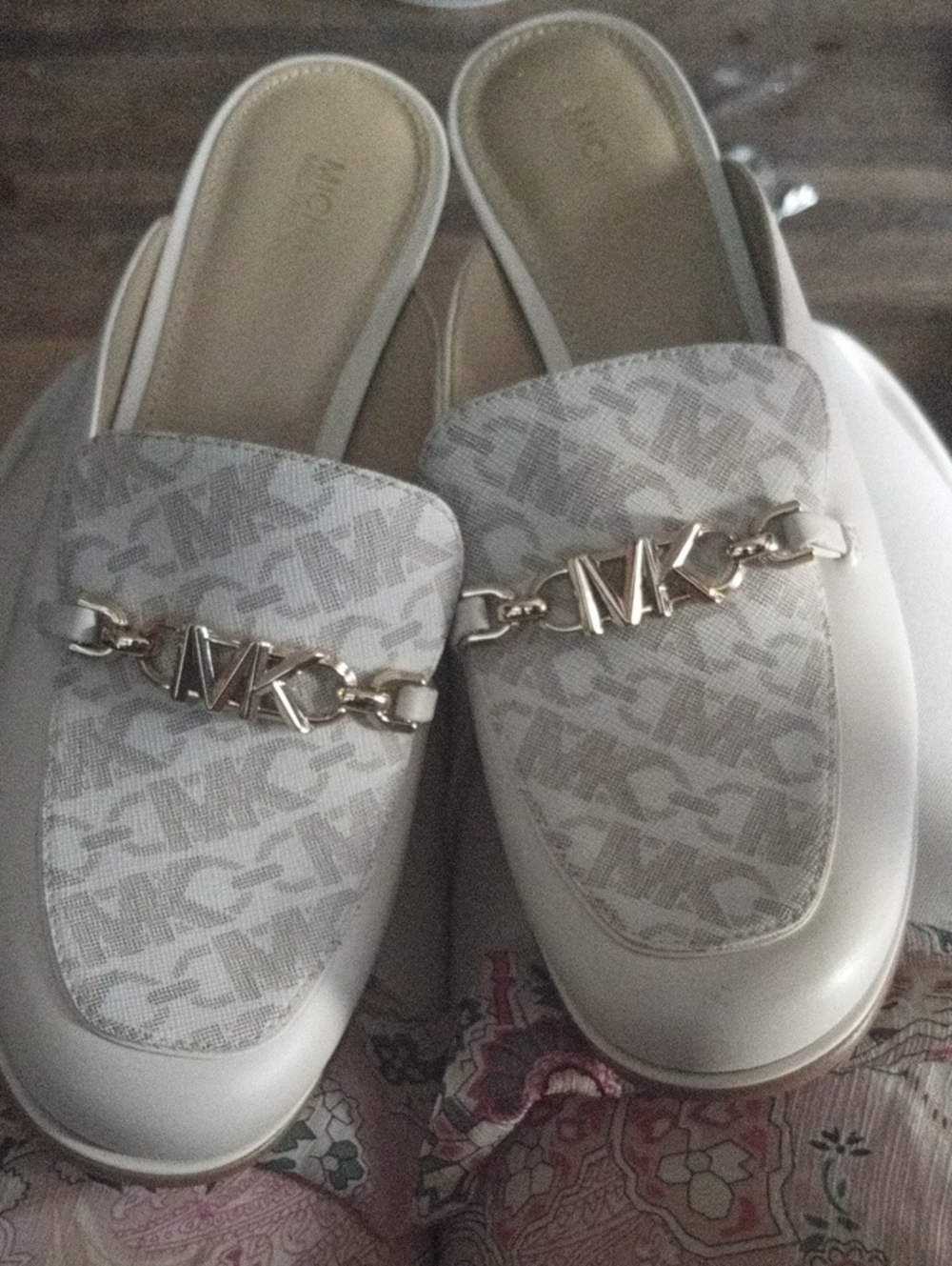 Michael Kors Cream & White MK Logo Slip-On Mules with Gold Hardware